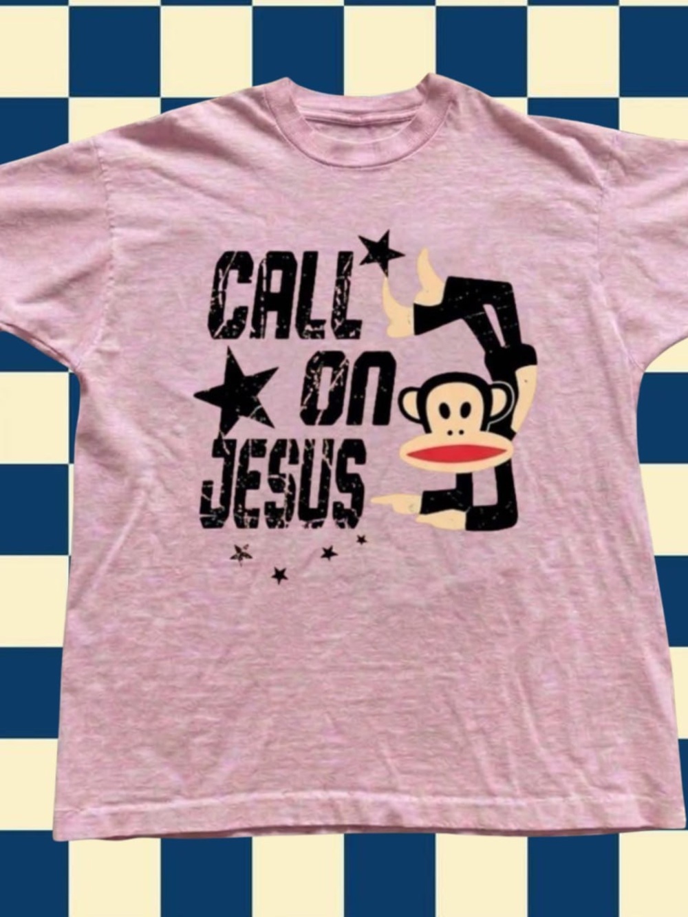Light Pink Short-Sleeve Tee with 'Call On Jesus' Monkey Graphic